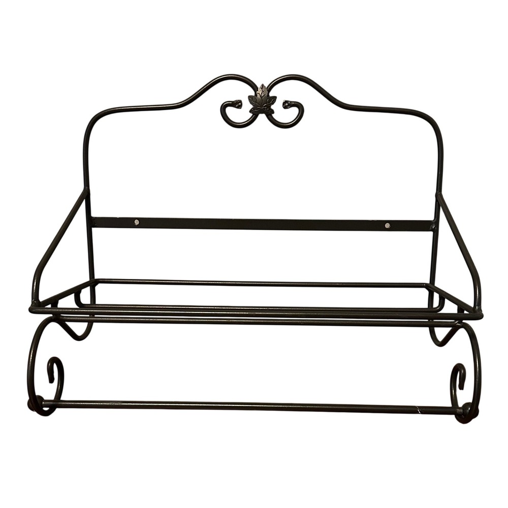 Longaberger Wrought Iron Wall Mount Paper Towel Holder & Spice Shelf Black Metal